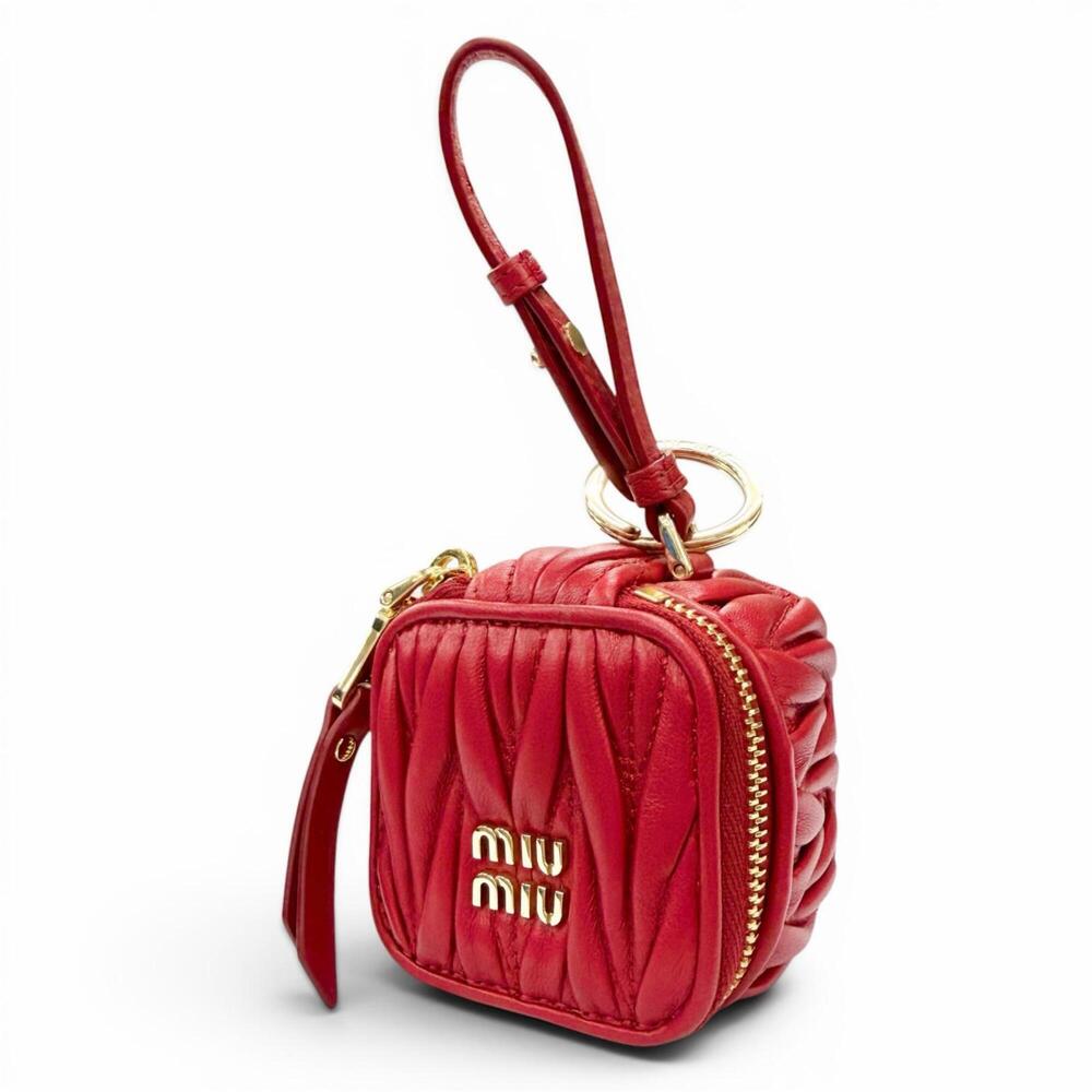 Miu Miu MIUMIU 5TL527 MATELASSE Charm Logo Keyring Leather Pouch Red Gold Har...